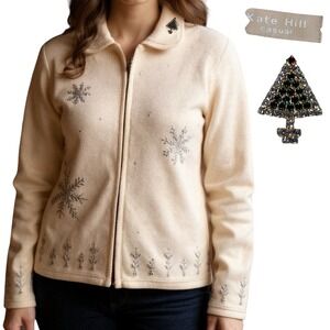 Kate Hill Wool Zip Cardigan Womens Medium Cream Snowflake Holiday Sweater 1990s